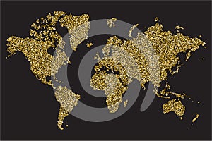 World map isolated on black background, gold glitter texture, vector illustration