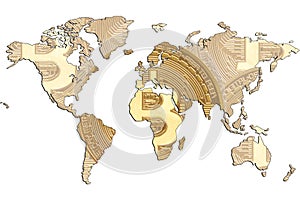 World map isolated on white background. Flat earth, gray card template for website template. Bitcoin gold coins are shown inside