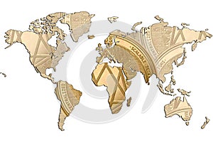 World map isolated on white background. Flat earth, gray card template for website template. eos  gold coins are shown inside the