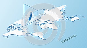 World Map in isometric style with detailed map of Finland. Light blue Finland map with abstract World Map