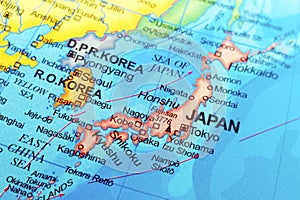 world map of japan and neighbour countries north and south korea in close up