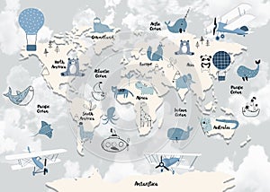World map for kids with cute animals cartoon planes and air balloons. Children's map design for wallpaper, kid's room photo