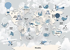 World map for kids with cute animals cartoon planes and air balloons. Children's map design for wallpaper, kid's room