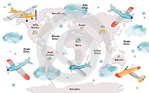 World map for kids with cute cartoon planes, clouds and rainbows. Children's map design for wallpaper, kid's room, wall