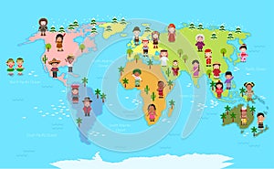 World map and kids of various nationalities photo