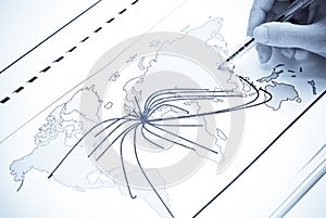 World map with lines between the world's cities