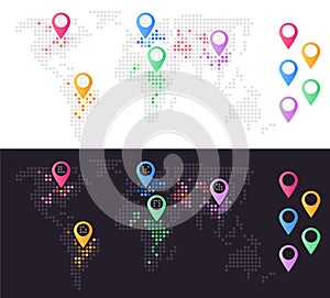 World map with location pins light and dark theme infographic element set