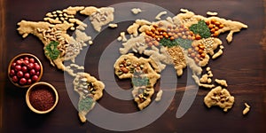 World map made from assorted spices and grains on a dark background. AIG35.