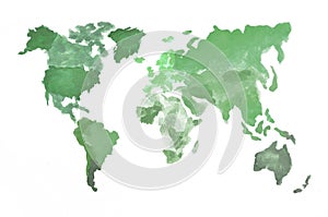 The world map is made with camouflage watercolor paints on white paper. All the world`s continents are depicted in green colors