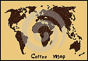 World map made of coffee beans on beige background