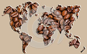 World map made of coffee beans.