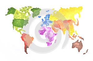 The world map is made with colored watercolor paints on white paper. All the world`s continents are depicted in different colors