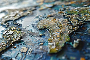 The world map made from electronic components and circuit boards.
