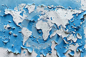 world map made of flaking paint at a wall