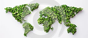 World map made of green leaves isolated on white background. Visual metaphor for environmental awareness and climate change