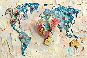 World map made of paper with roses and confetti. Ai generated