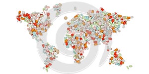 World map made of pills. Isolated on white background. 3d illustration