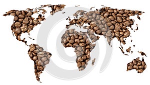 World map made of Roasted coffee beans, Isolated on white background