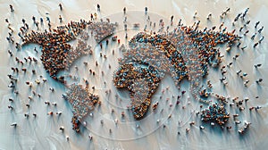 A world map made up of densely packed human figures, symbolizing global population density and distribution. A powerful photo