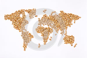 World map made of wheat grains. Grain continents. Concept of global food scarcity and hunger, export and food supply