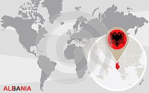 World map with magnified Albania