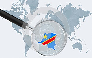 World map with a magnifying glass pointing at DR Congo. Map of DR Congo with the flag in the loop