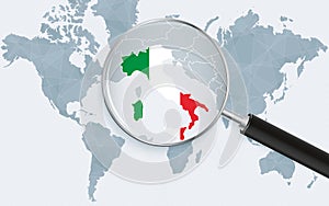 World map with a magnifying glass pointing at Italy. Map of Italy with the flag in the loop