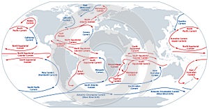 World map of major ocean currents, warm currents in red, cold currents in blue. photo