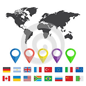 World Map with map pin and flags of other country