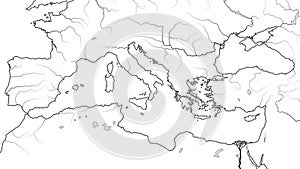 World Map of MEDITERRANEAN REGION: Southern Europe, Middle East, North Africa. (Geographic chart).