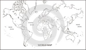 World map, Mercator projection blank map with boundary line
