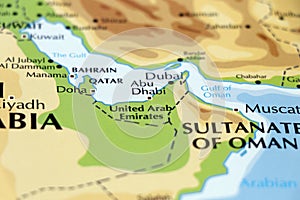 world map of middle east countries, qatar, oman, united arab emirates, bahrain, dubai, abu dhabi, manama, doha in close up