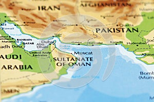 world map of middle east countries, qatar, oman, united arab emirates, bahrain, dubai, abudhabi, manama, doha in close up