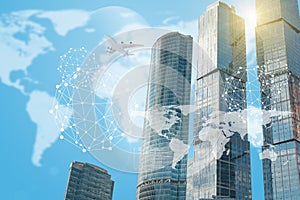 World map with molecule and skyscraper