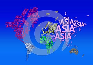 World map with names of continents. -Typo map