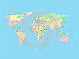 World map with names of sovereign countries and larger dependent territories. Simplified vector map in four colors on photo