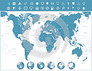 World Map and navigation icons with globes