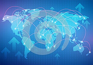 World map network connection on bright blue background, vector illustration.
