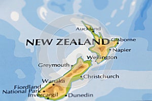 world map of New Zealand and greymouth, wellington, christ church in close up focus