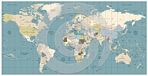 World Map old colors illustration: countries, cities, water objects