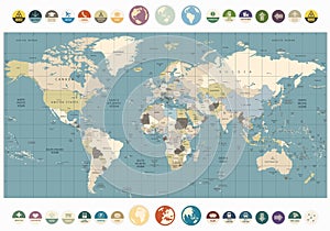 World Map old colors illustration with round flat icons and glob