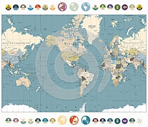 World Map old colors illustration with round flat icons and glob