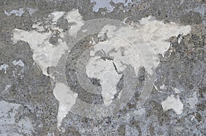 World map on old painted concrete wall.