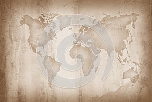 World map on an old paper texture background with space for text wind sea marine navigation. Design retro nautical template for