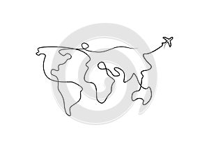 World map one line drawing isolated vector. Continuous line world map with plane. Travel concept one line illustration. Line art.