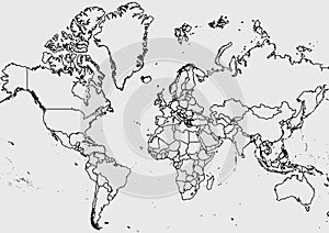 The World map with the outline in black and the background in grey