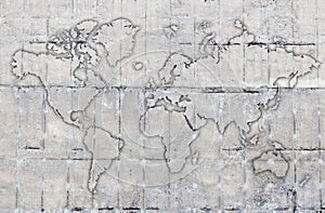 World map outline on concret wall surface