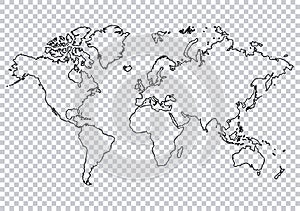 World map outline silhouette with shadow on transparent background