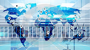 World Map Over Data Center Room Hosting Server Computer Information Database