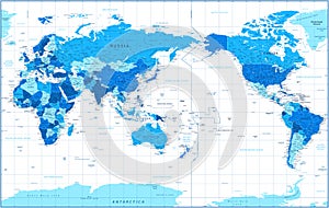 World Map - Pacific China Asia Centered View - Blue Color Political - Vector Layered Detailed Illustration